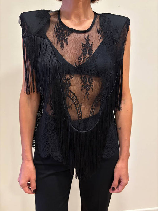 SOUVENIR - Top in pizzo con spalle rinforzate e frange color nero