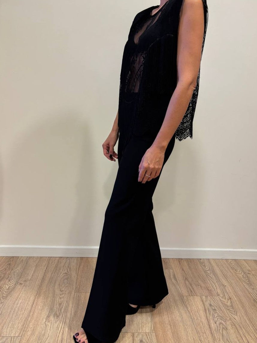 SOUVENIR - Top in pizzo con spalle rinforzate e frange color nero
