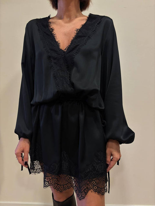 VICOLO - Abito in viscosa con dettagli in pizzo neri e laccetti regolabili color nero