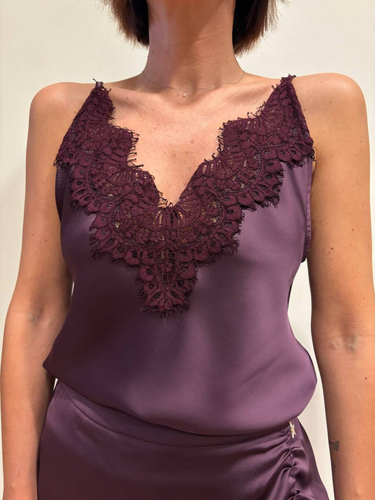 SOUVENIR - Top con scollo a V e laccetti regolabili e dettaglio in pizzo color bordeaux