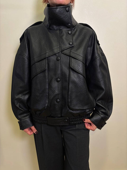 LUMINA - Bomber over in ecopelle martellato con tasche e bottoni color nero
