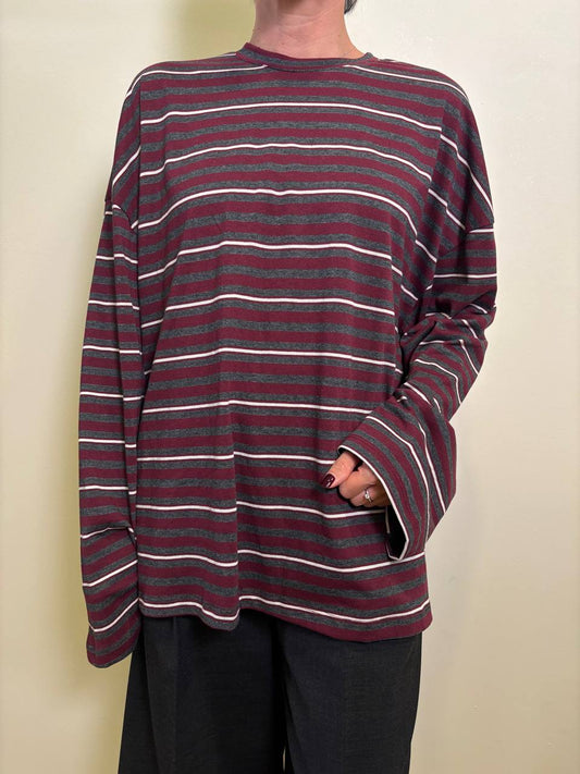 LUMINA - Maglia over in misto cotone a righe con girocollo a maniche lunghe color grigio e bordeaux - più varianti