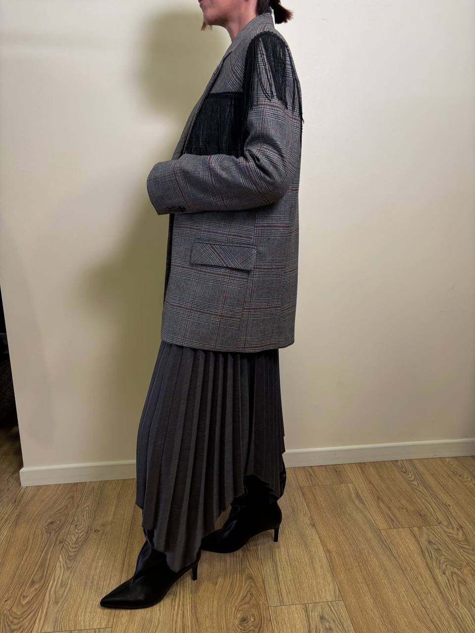VICOLO - Blazer in tartan con frange nere color grigio e bordeaux