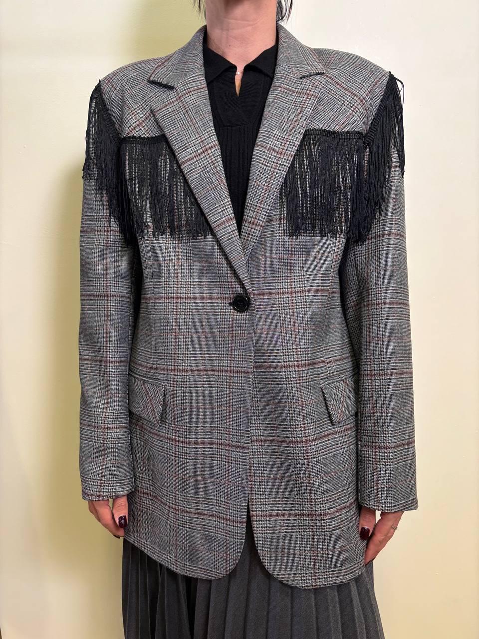 VICOLO - Blazer in tartan con frange nere color grigio e bordeaux