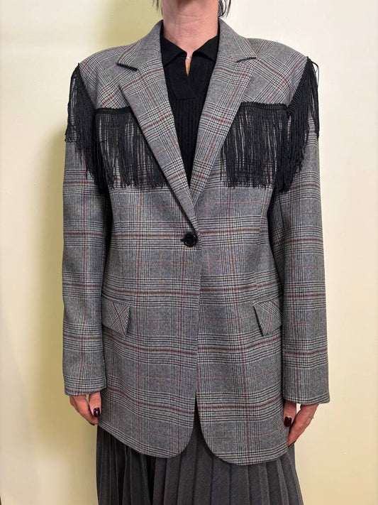 VICOLO - Blazer in tartan con frange nere color grigio e bordeaux