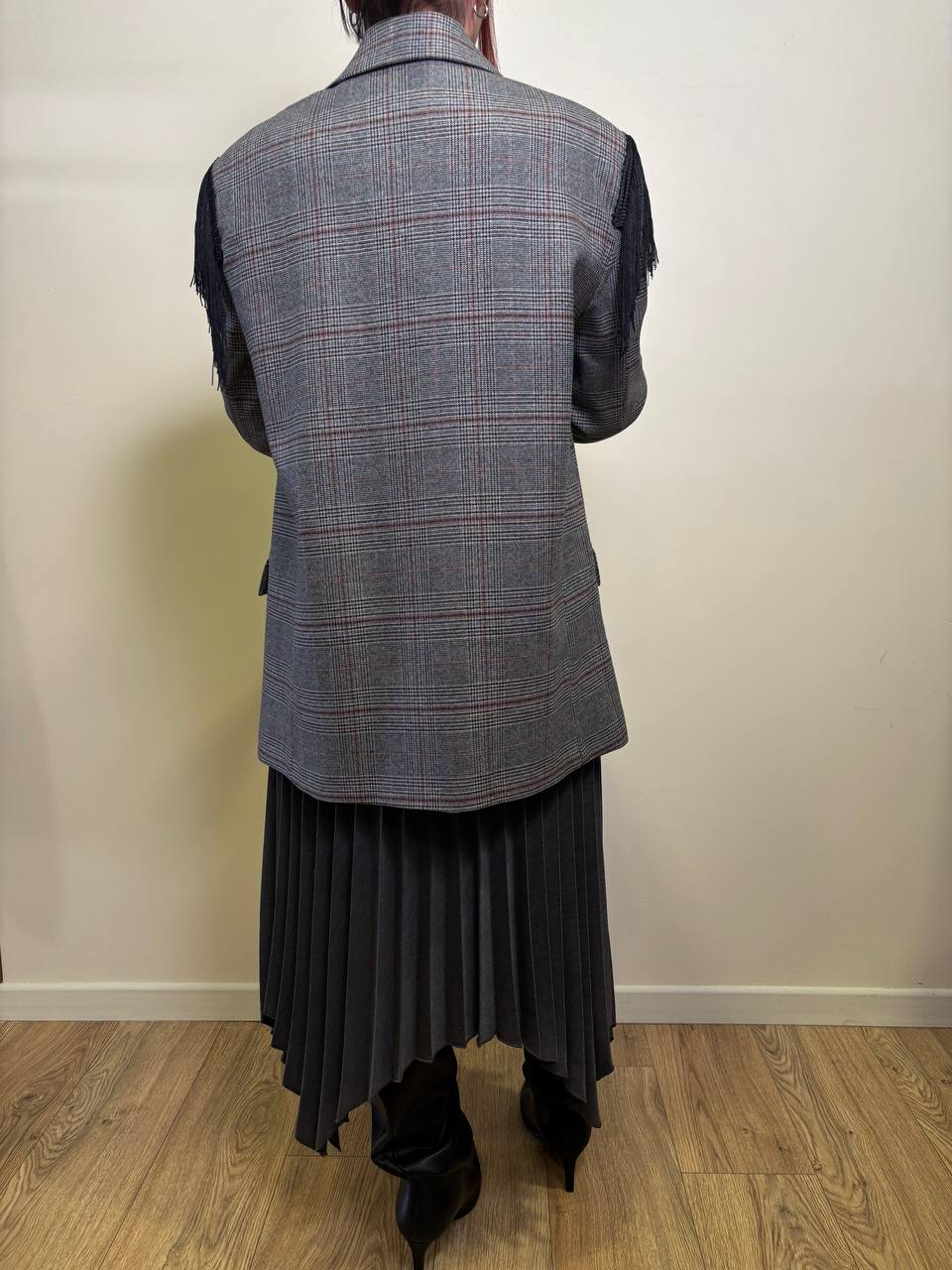 VICOLO - Blazer in tartan con frange nere color grigio e bordeaux
