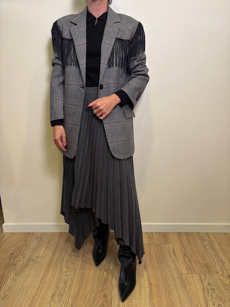VICOLO - Blazer in tartan con frange nere color grigio e bordeaux
