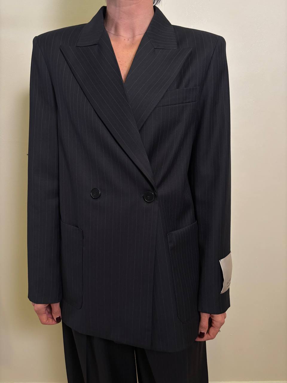VICOLO - Blazer over gessato con scollo a lancia e tasche color blu notte