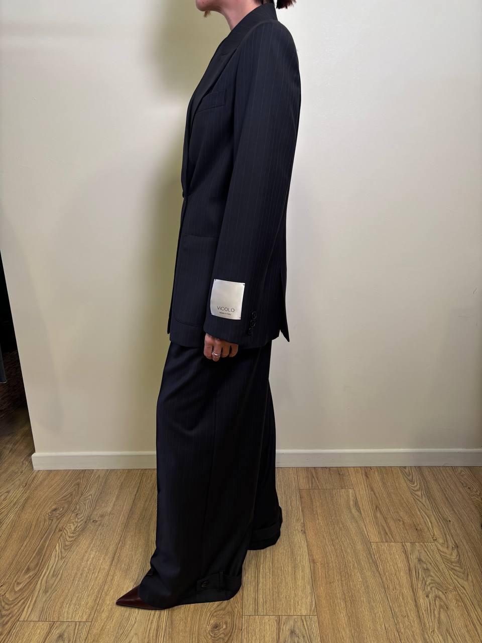 VICOLO - Blazer over gessato con scollo a lancia e tasche color blu notte