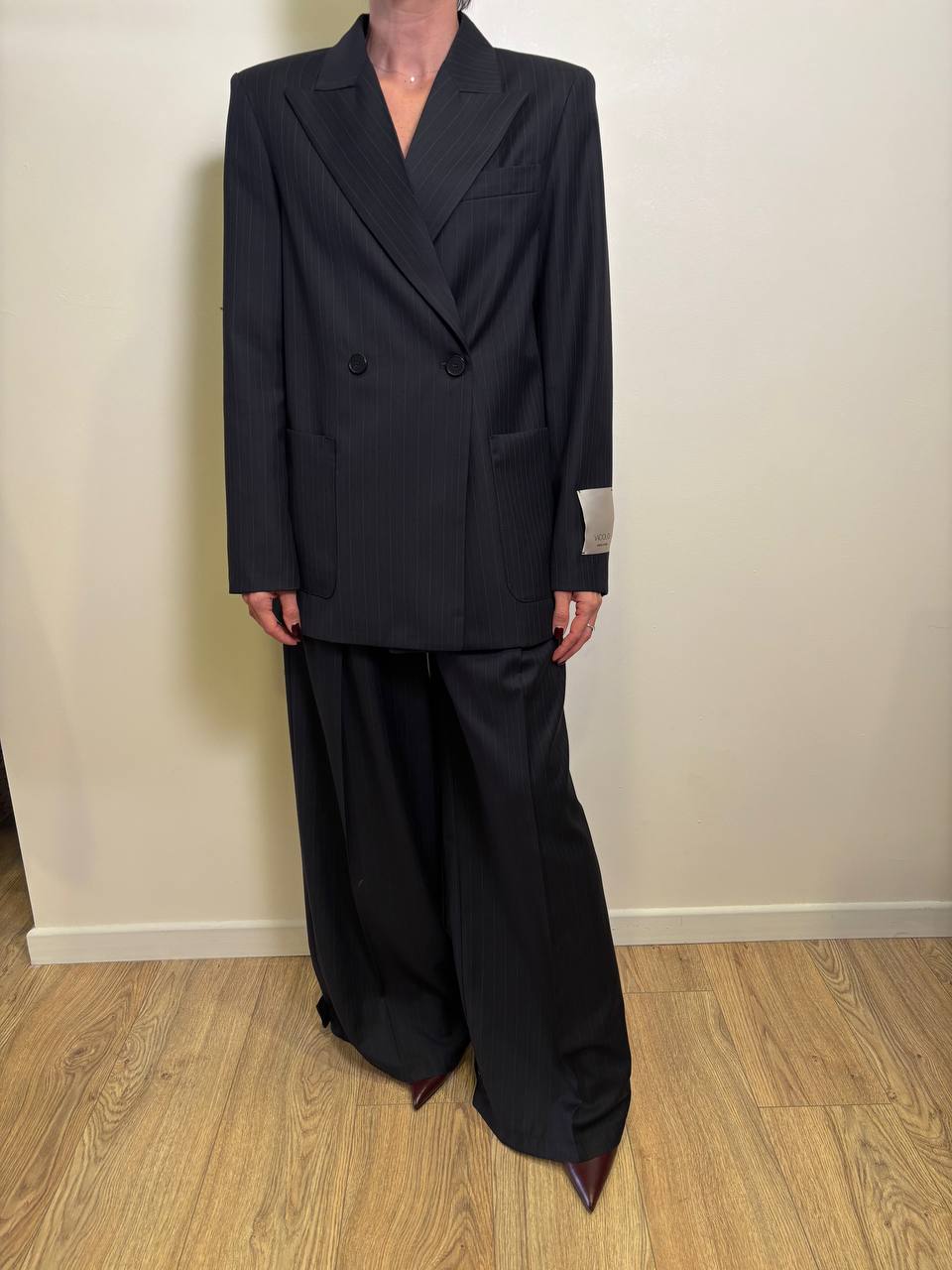 VICOLO - Blazer over gessato con scollo a lancia e tasche color blu notte