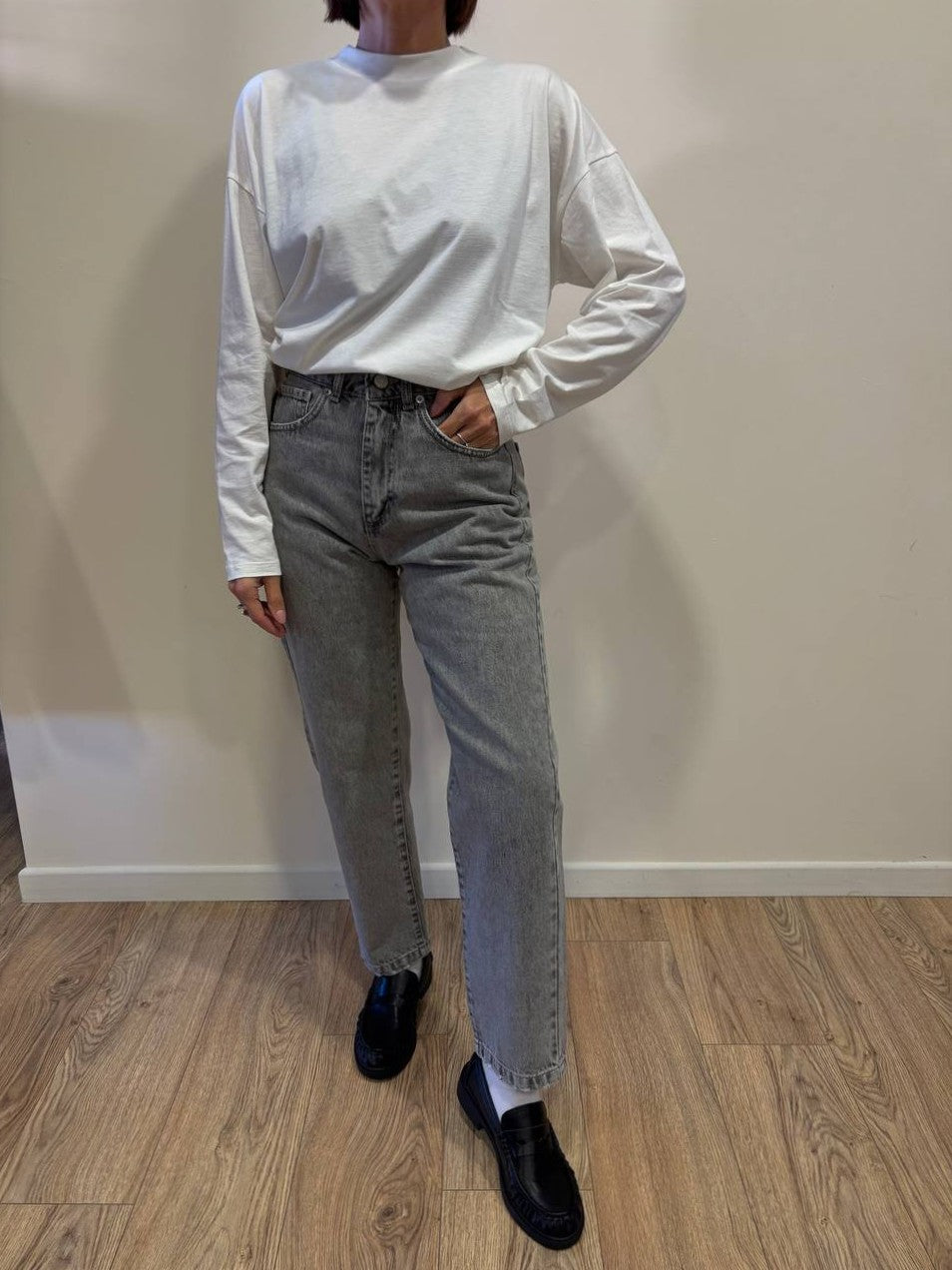 HAVEONE - Jeans Louis a vita media mom fit alla caviglia color grigio chiaro