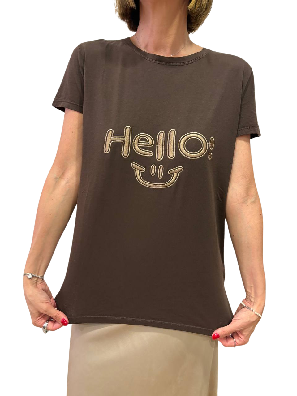 VICOLO - T-shirt in cotone con scritta "Hello :)" cioccolato