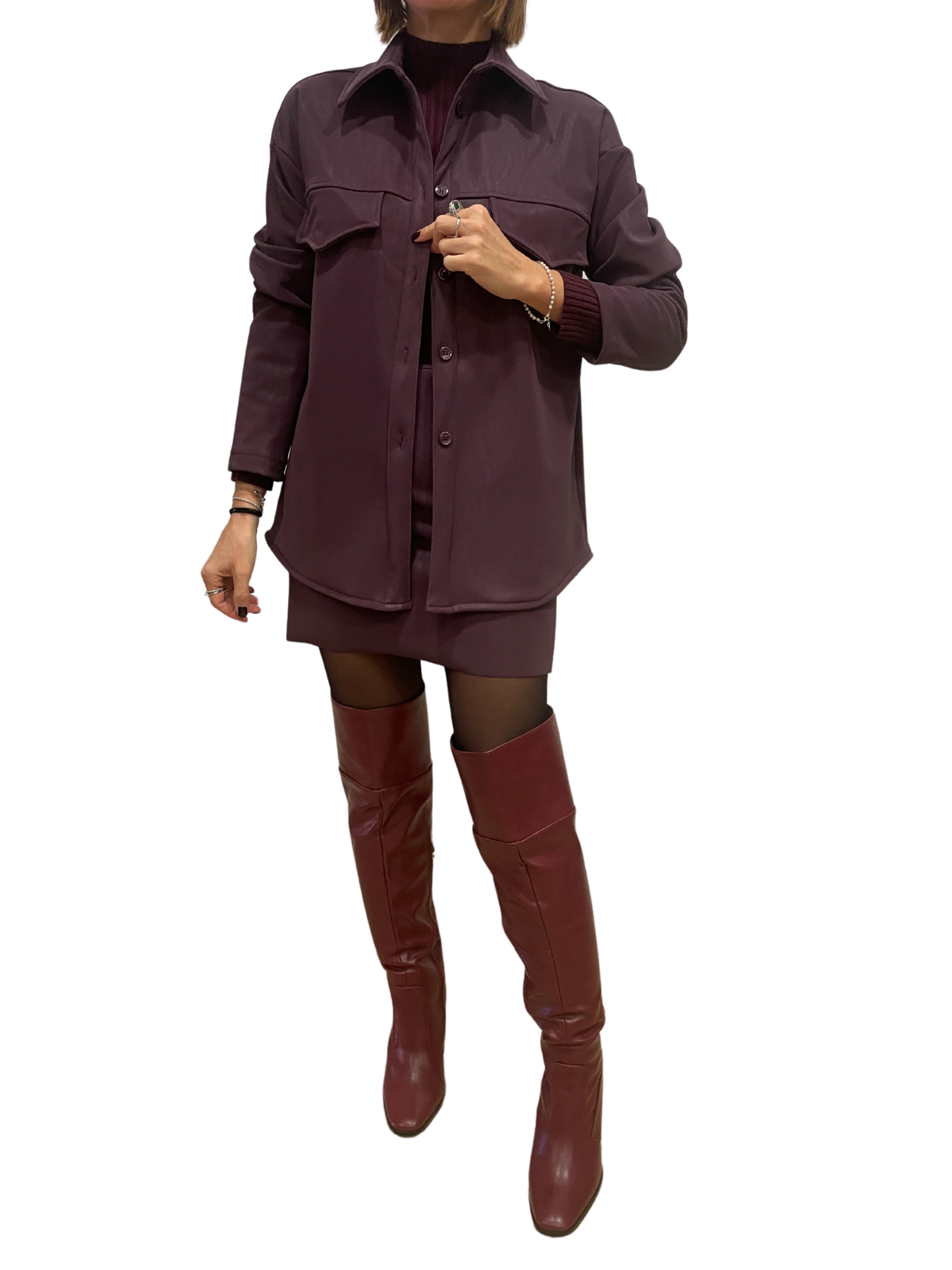 HAVEONE - Camicia in ecopelle bordeaux con tasche frontali