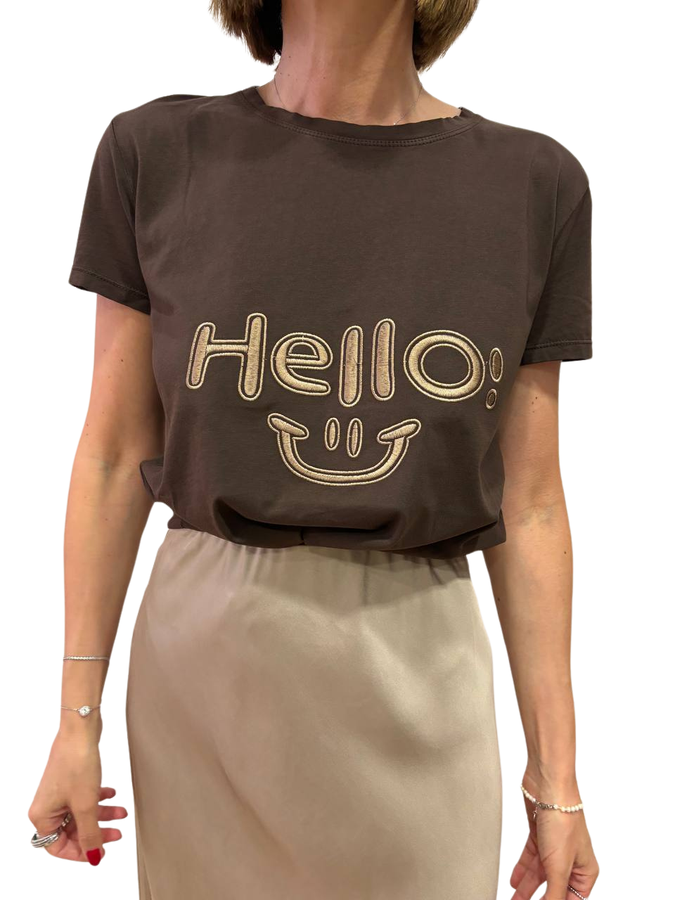 VICOLO - T-shirt in cotone con scritta "Hello :)" cioccolato