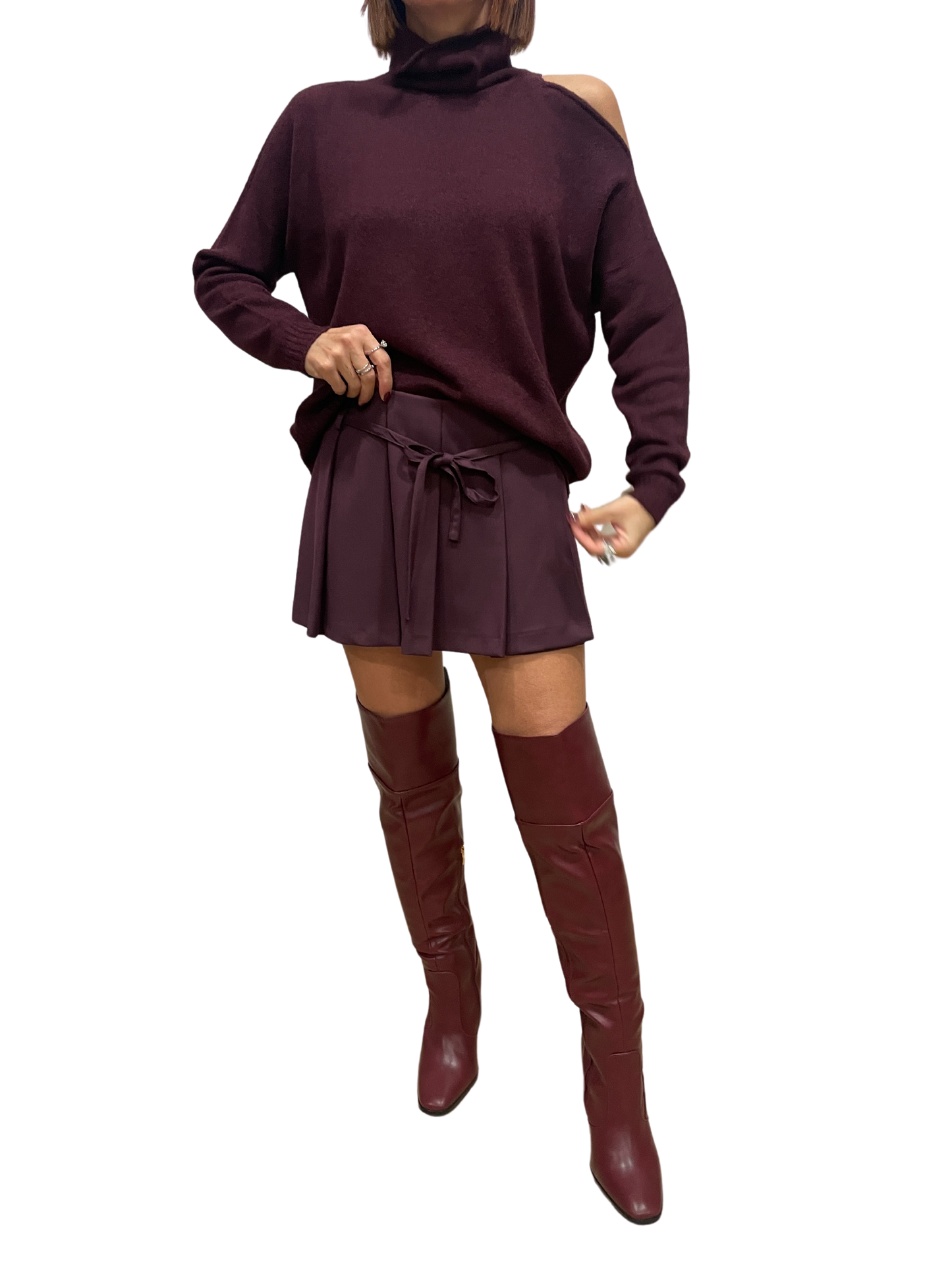 HAVEONE - Minigonna con pieghette e shorts bordeaux e coulisse