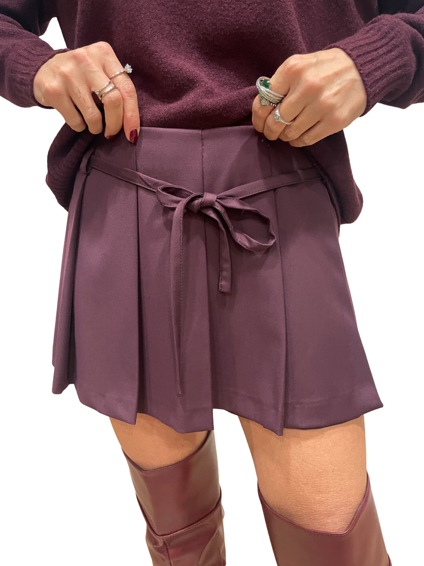 HAVEONE - Minigonna con pieghette e shorts bordeaux e coulisse