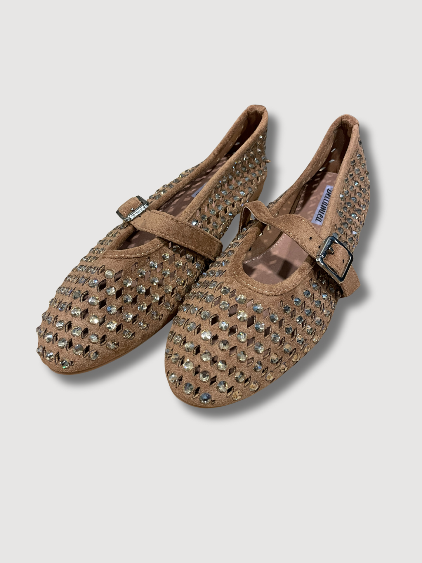 Ballerine traforate con strass e cinturino - cammello