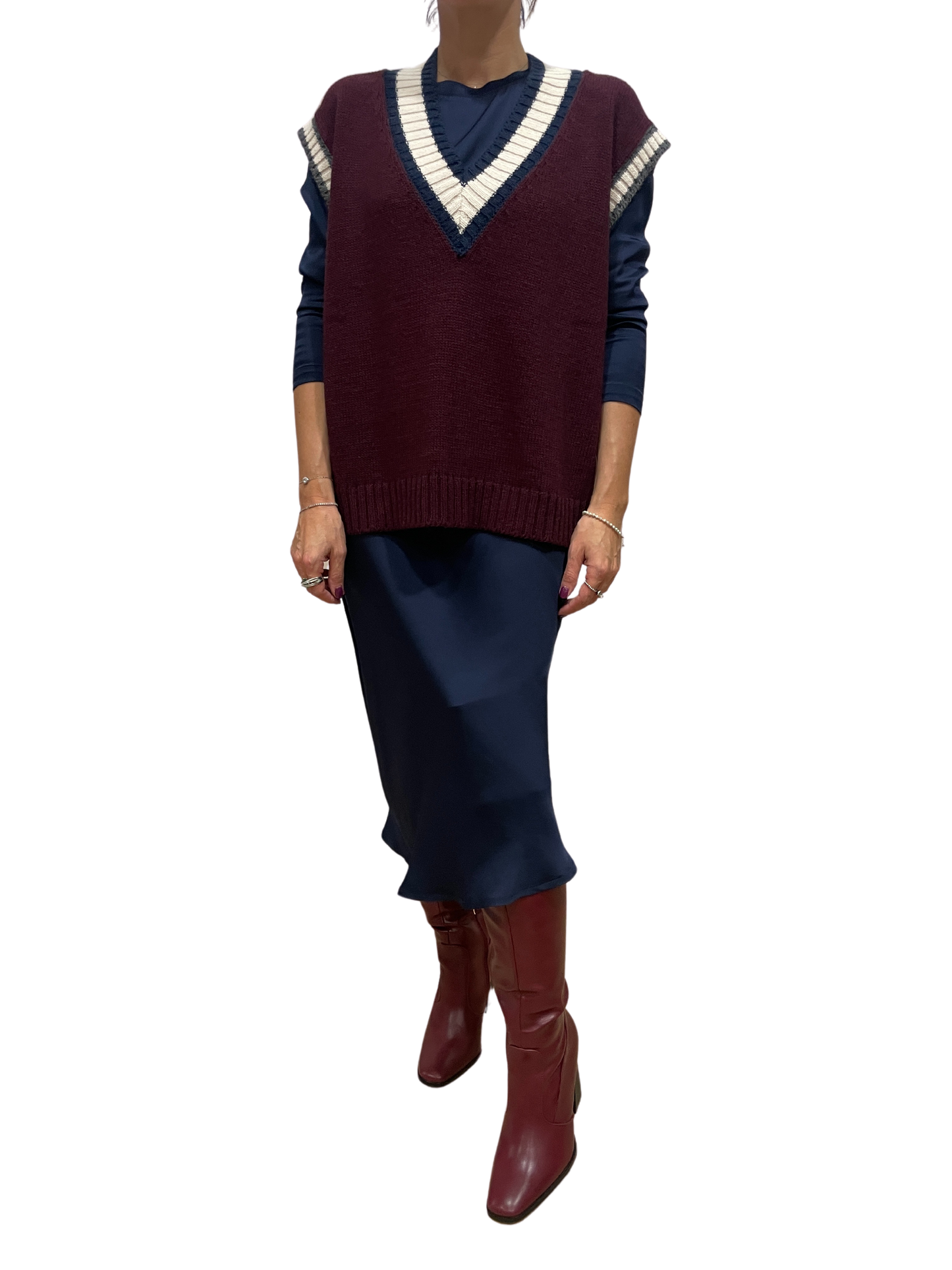 HAVEONE - Gilet in maglia bordeaux con scollo a v