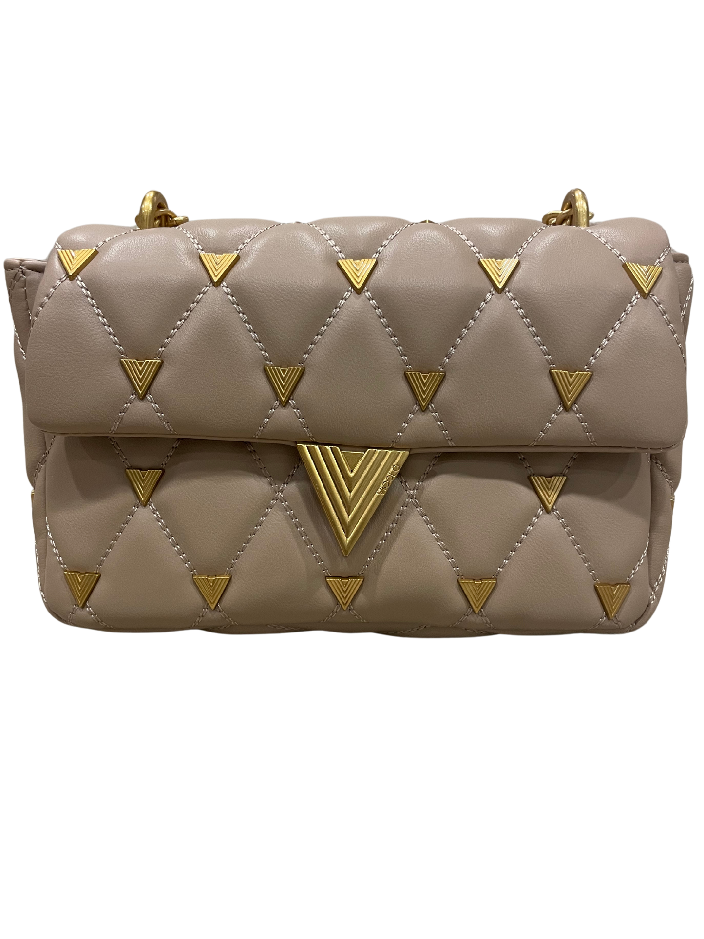 VICOLO - Borsa beige con borchie e tracolla in catena