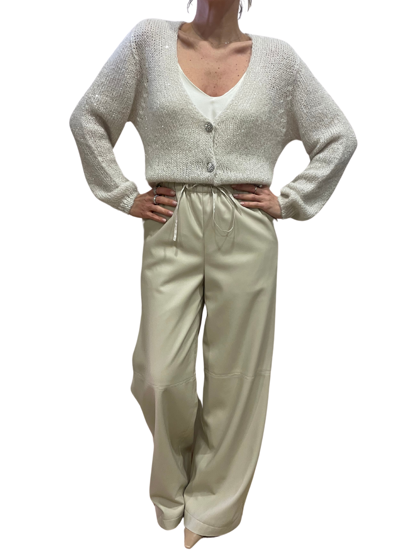 ISABELLE BLANCHE - Pantalone burro in ecopelle a palazzo con coulisse