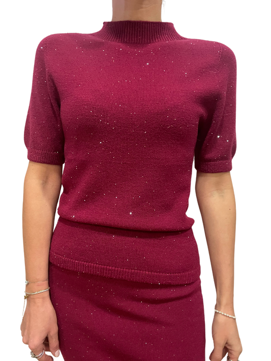 HAVEONE - Maglia a mezza manica color fragola con micro paillettes