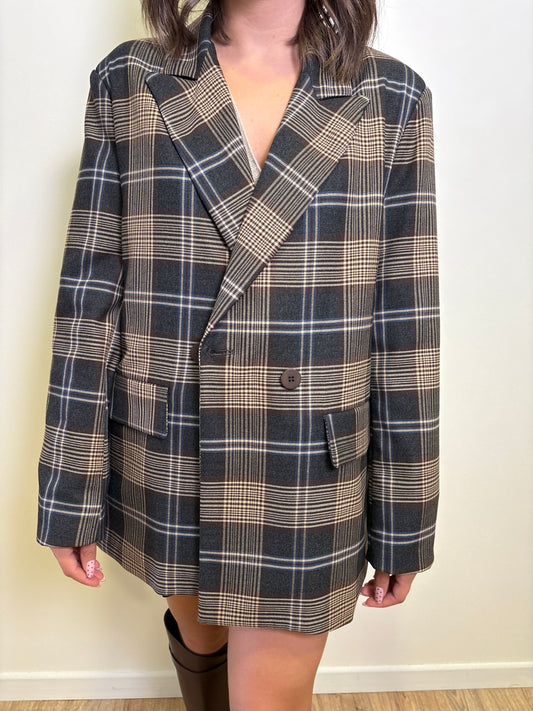 Blazer over doppiopetto a quadri con contrasti blu color moro