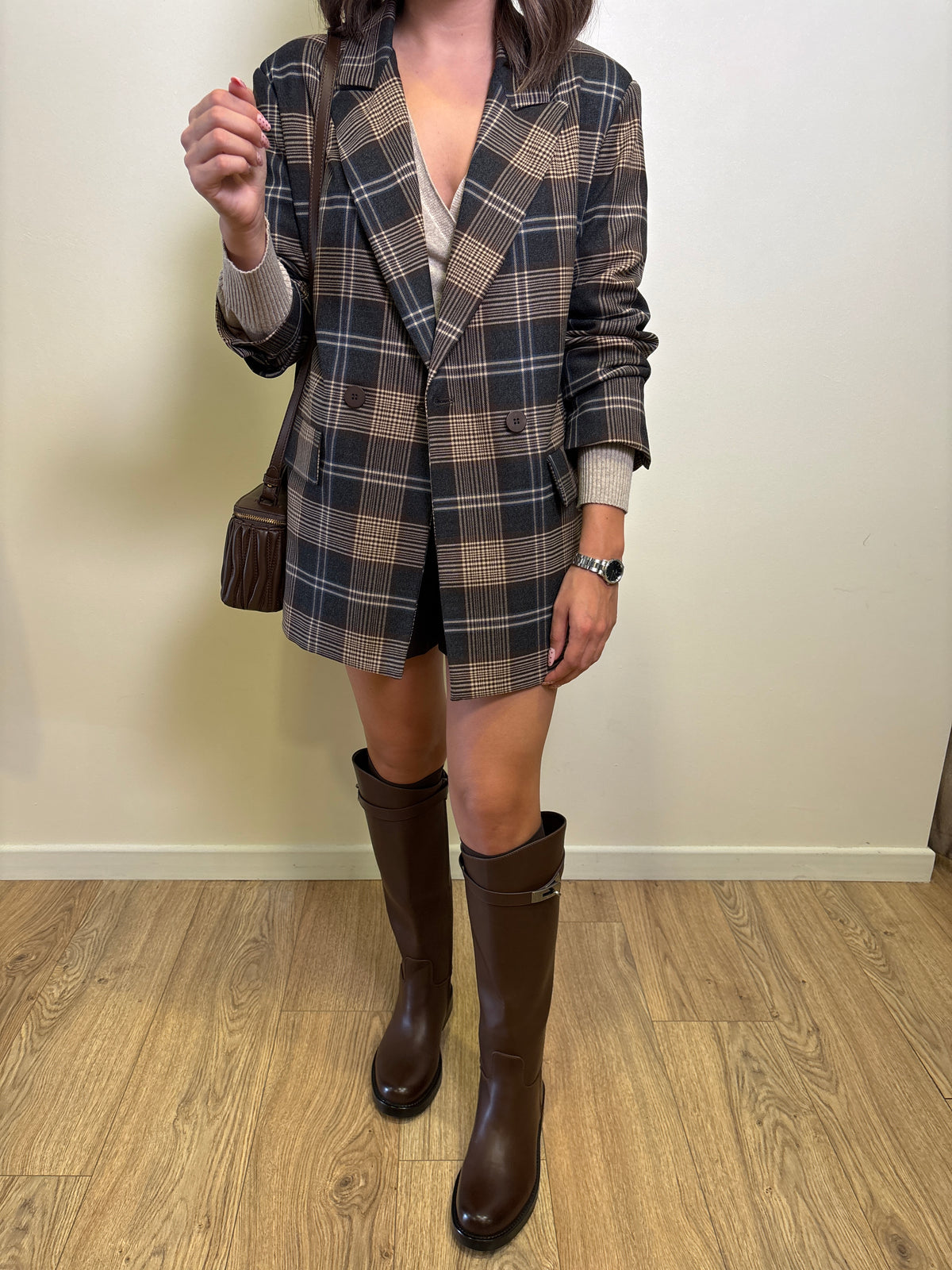 Blazer over doppiopetto a quadri con contrasti blu color moro