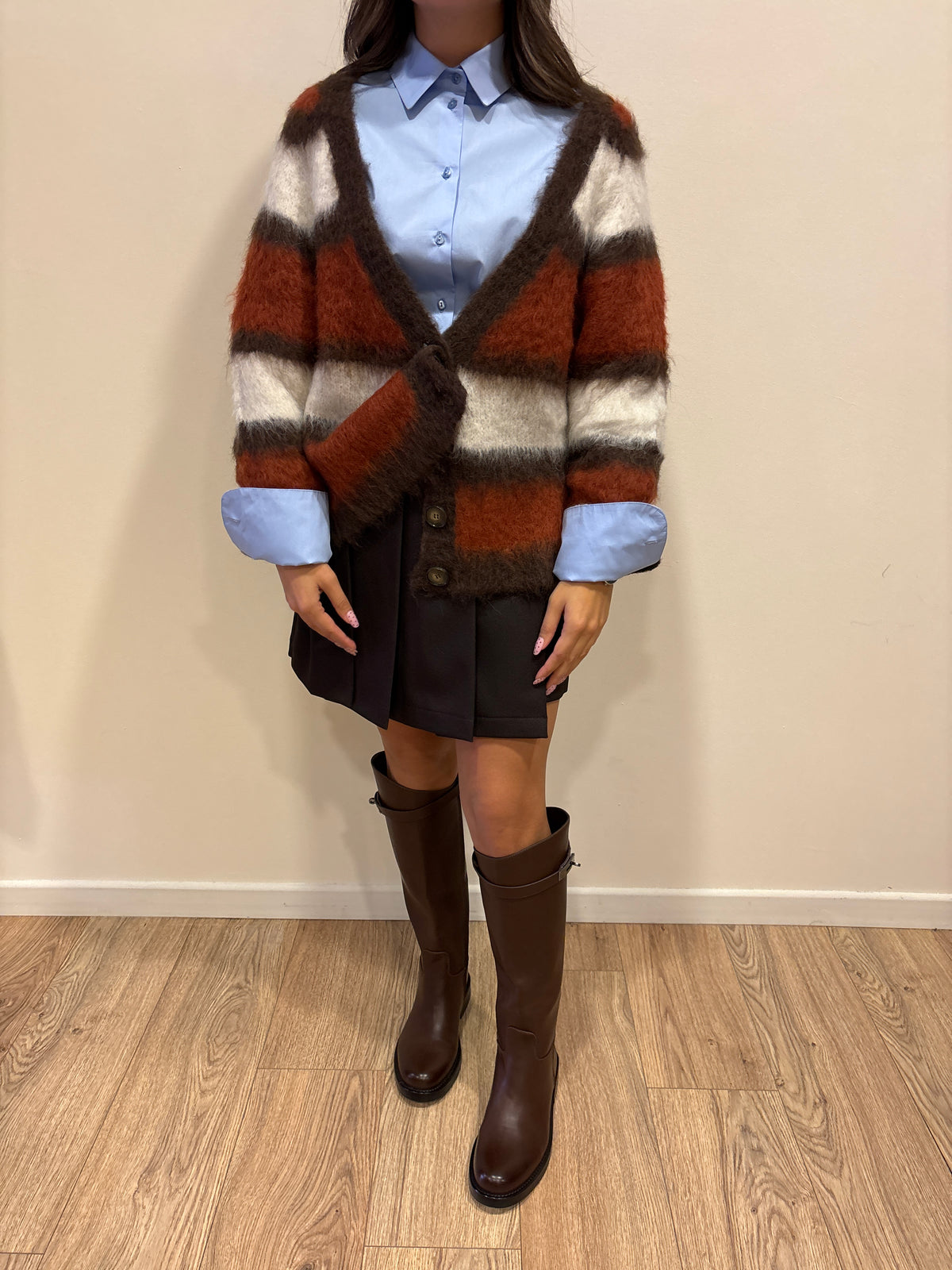 MEME ROAD - Cardigan over a righe color moro, arancione e bianco