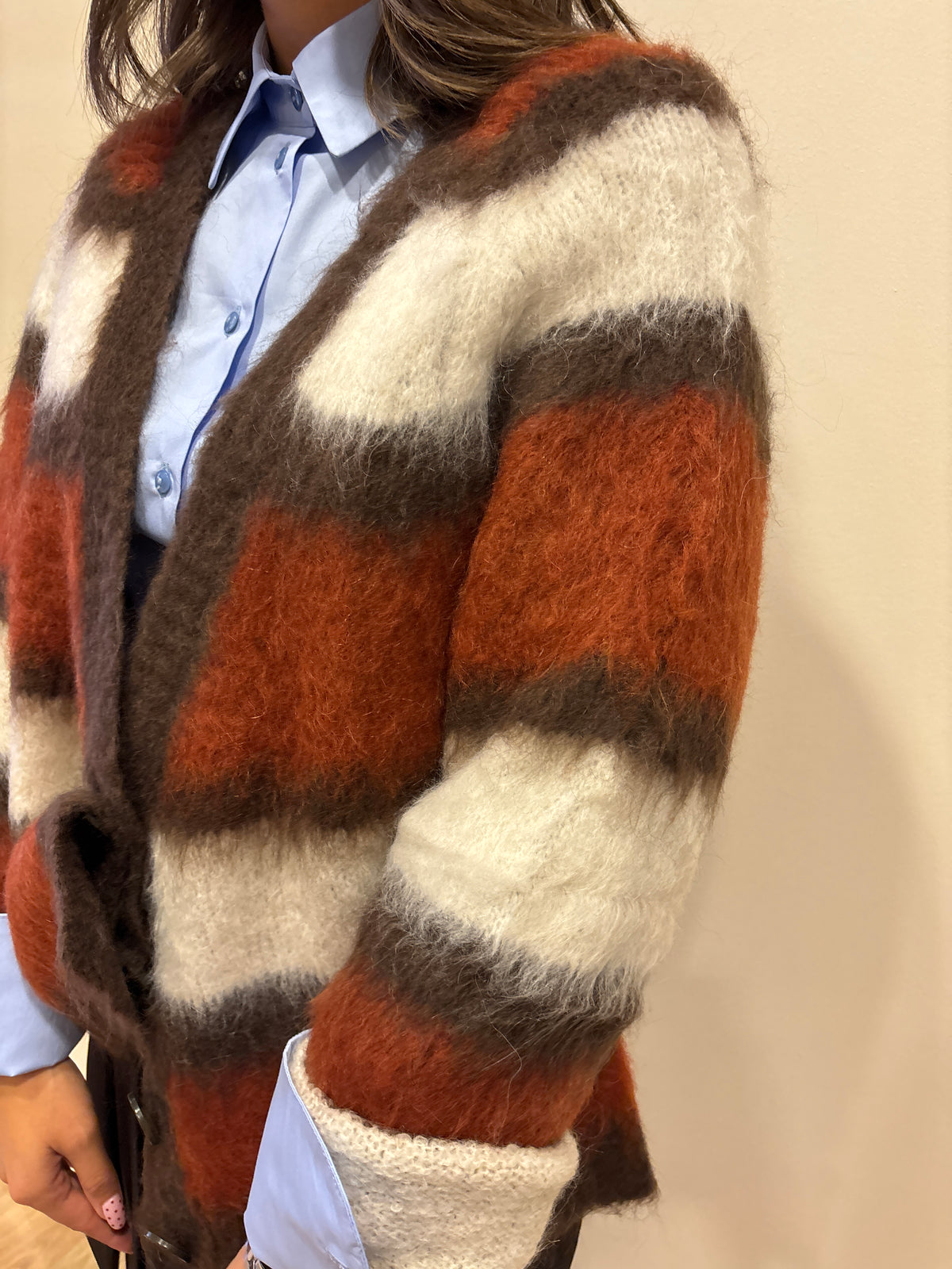 MEME ROAD - Cardigan over a righe color moro, arancione e bianco