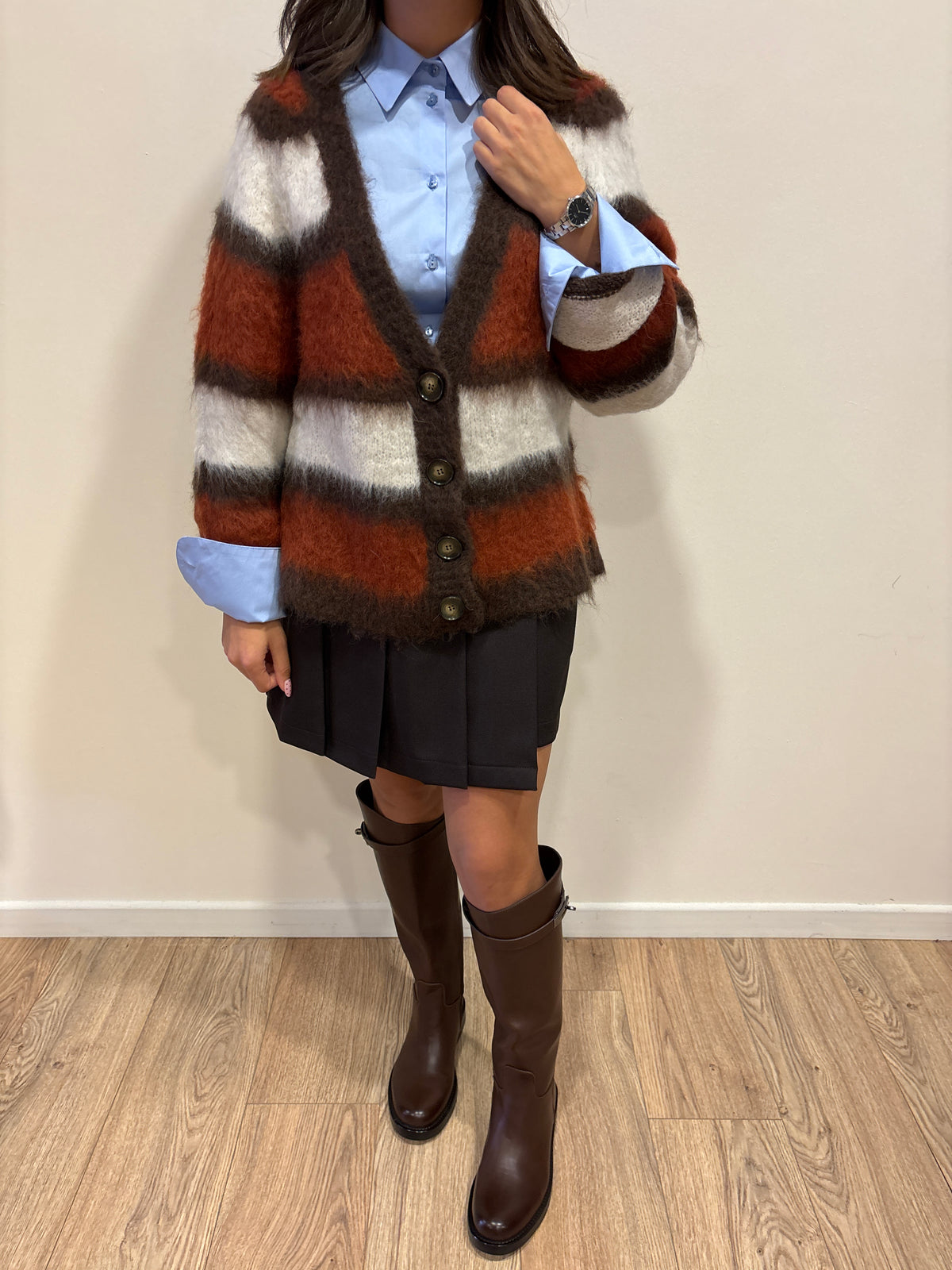 MEME ROAD - Cardigan over a righe color moro, arancione e bianco