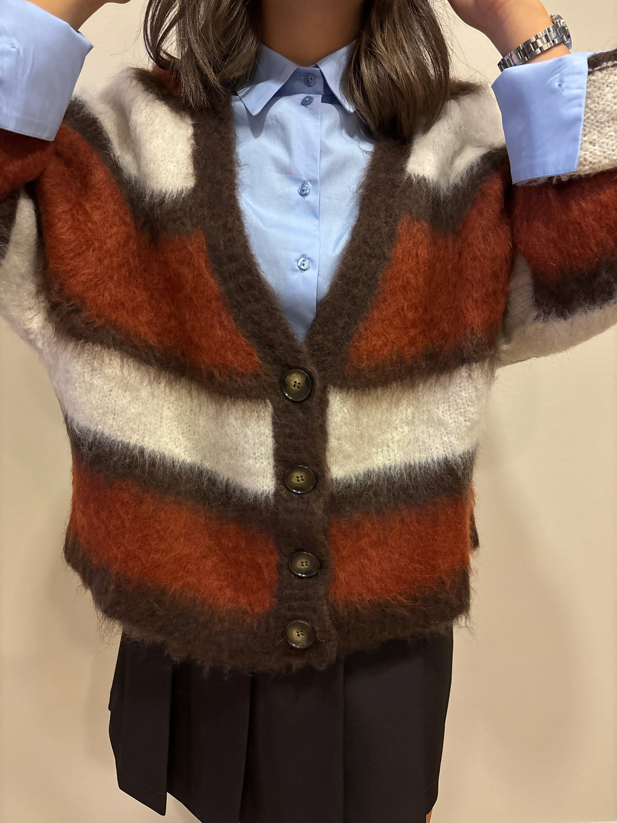 MEME ROAD - Cardigan over a righe color moro, arancione e bianco