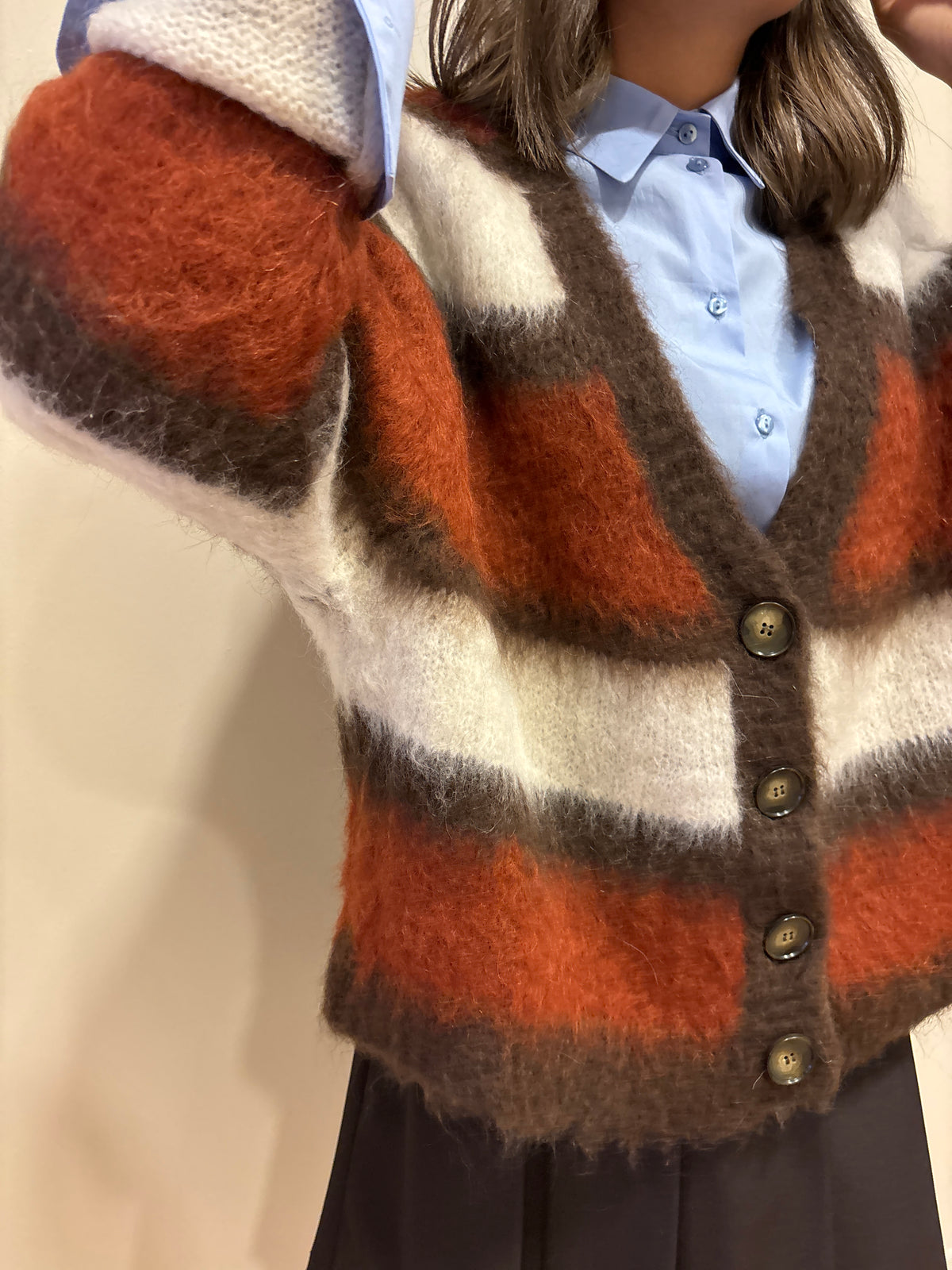 MEME ROAD - Cardigan over a righe color moro, arancione e bianco