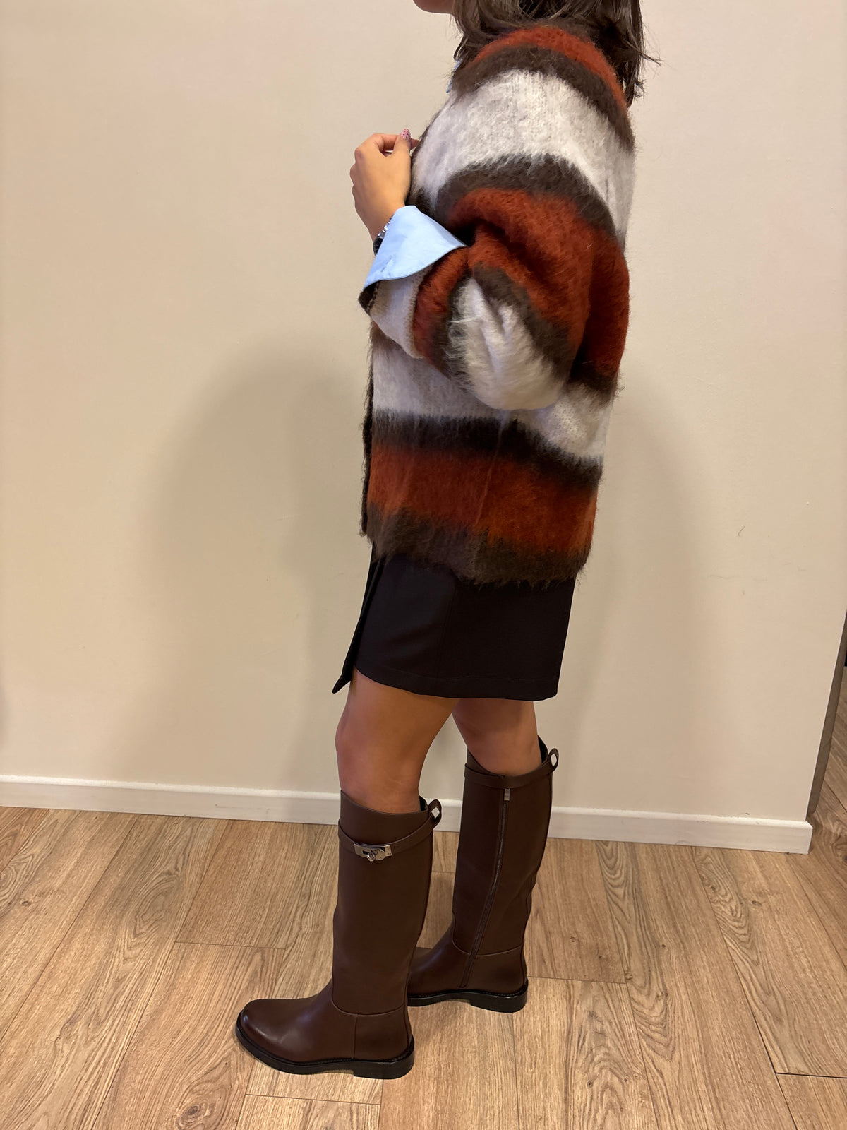 MEME ROAD - Cardigan over a righe color moro, arancione e bianco