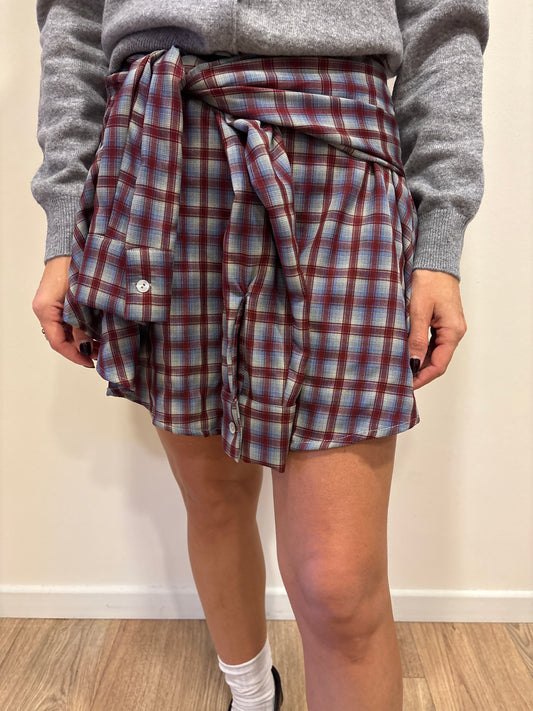 HAVEONE - Gonna in camicia a quadri con maniche finte color bordeaux