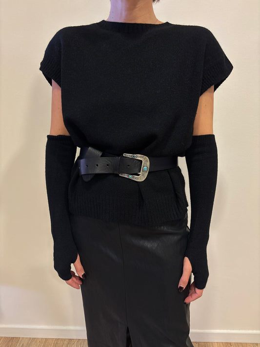 SOUVENIR - Cintura in cuoio con fibbia con dettaglio pietre azzurre color nero