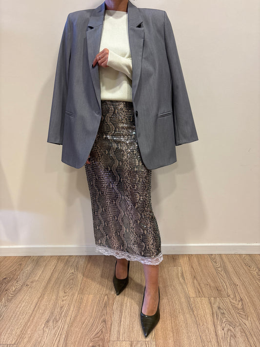 HAVEONE - Gonna loungette in paillettes effetto pitonato e dettaglio in pizzo bianco