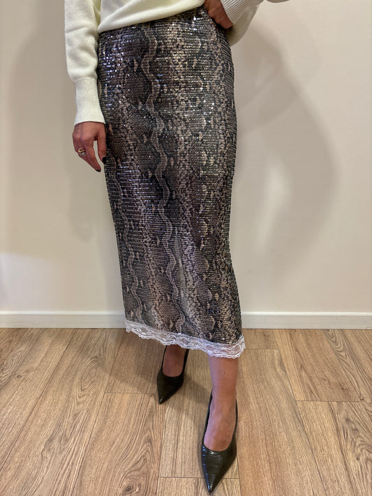 HAVEONE - Gonna loungette in paillettes effetto pitonato e dettaglio in pizzo bianco