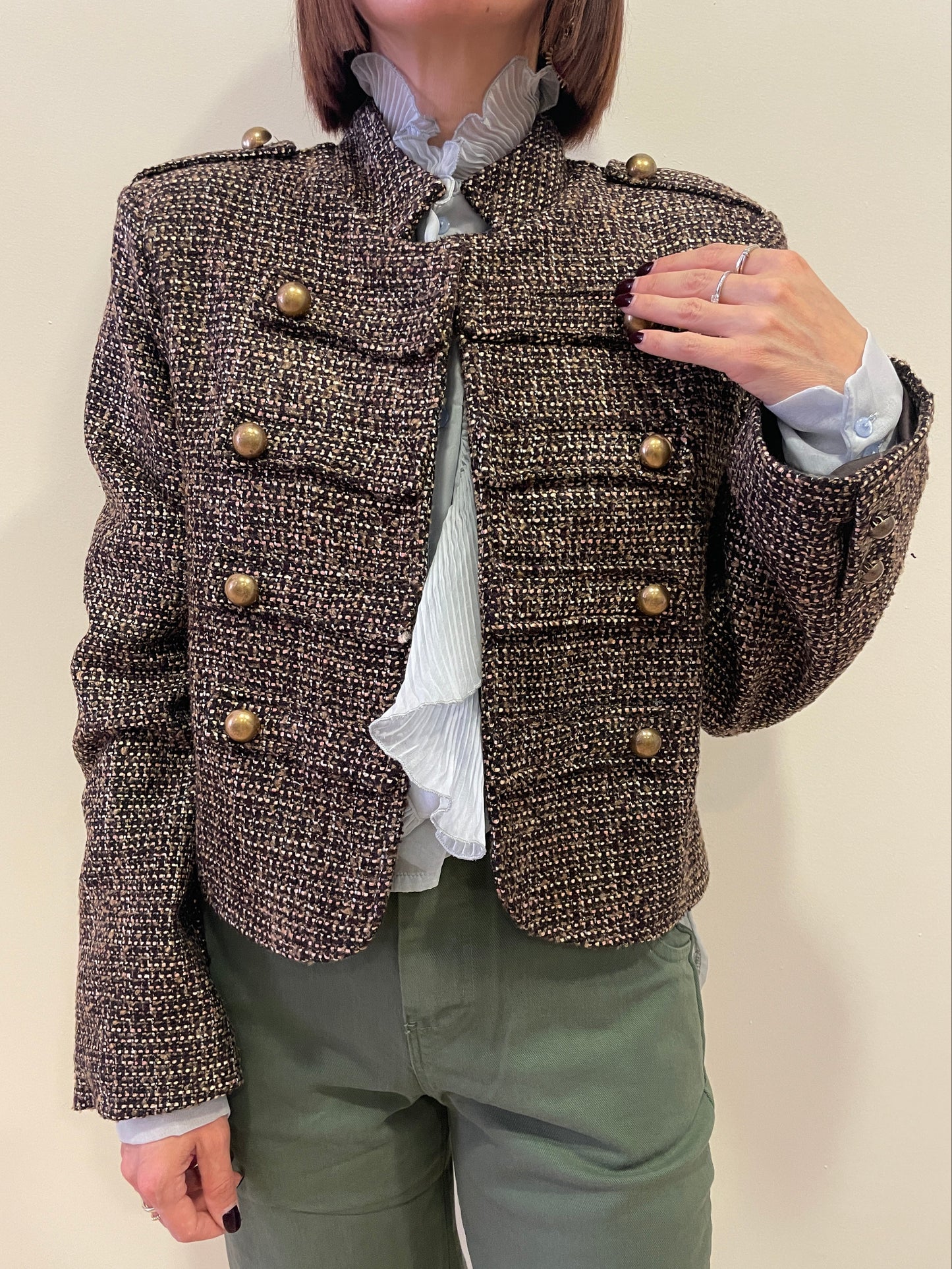 KONTATTO - Giacca Napoleon in tweed con bottoni oro color moro
