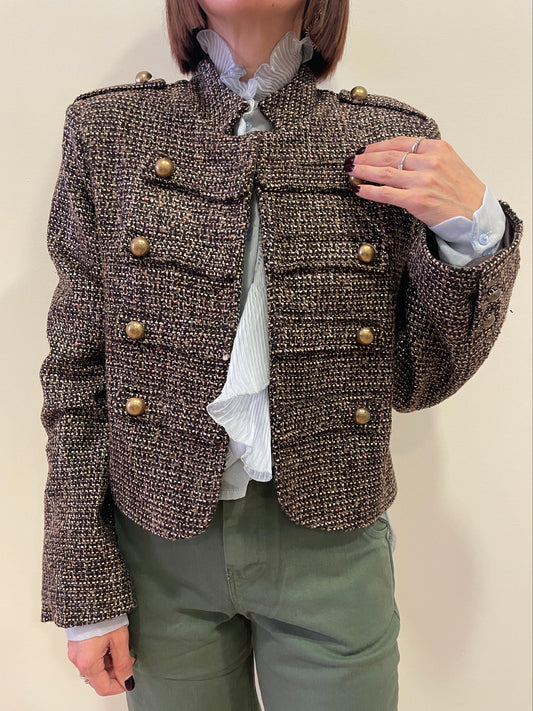 KONTATTO - Giacca Napoleon in tweed con bottoni oro color moro