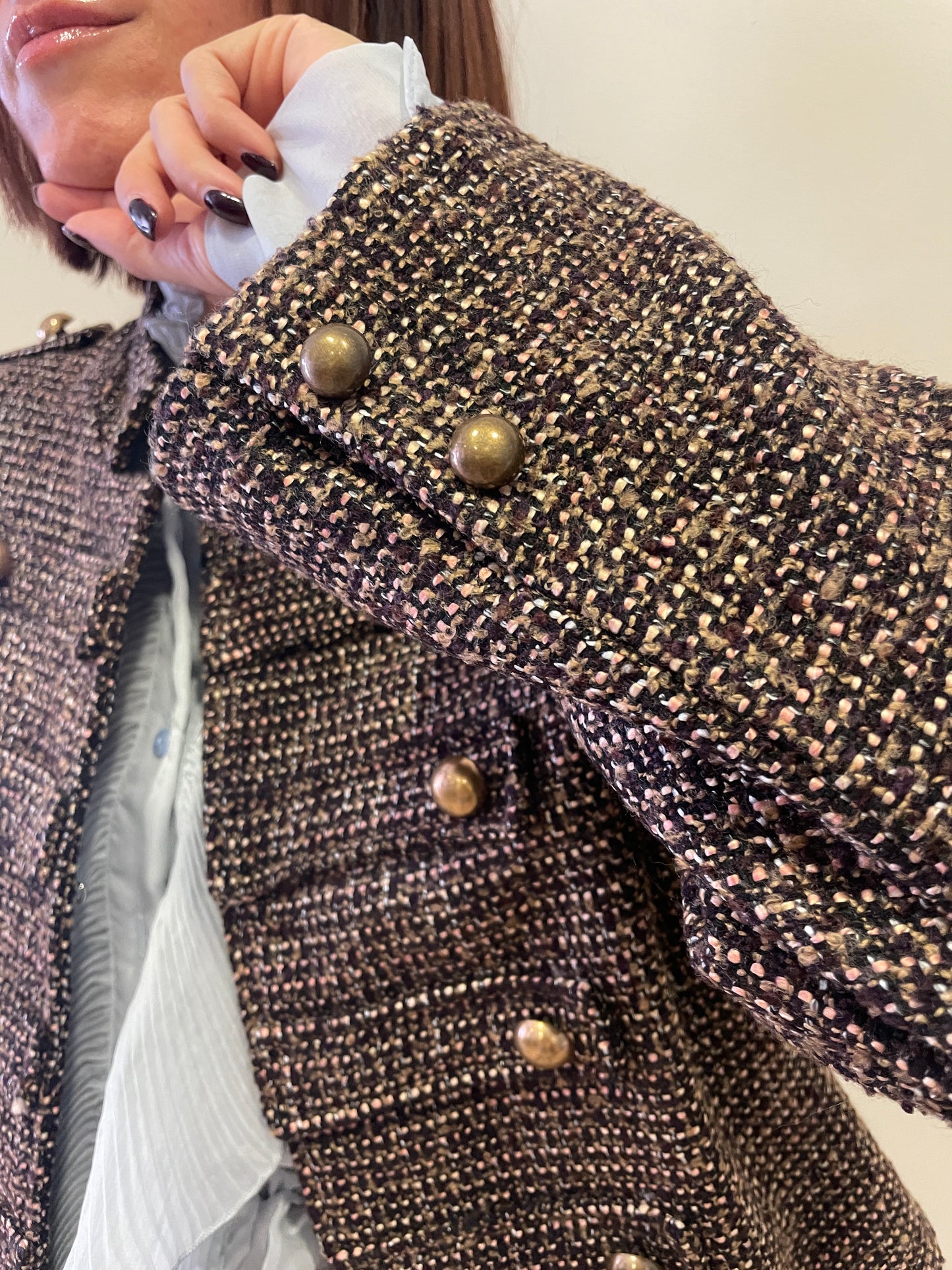 KONTATTO - Giacca Napoleon in tweed con bottoni oro color moro