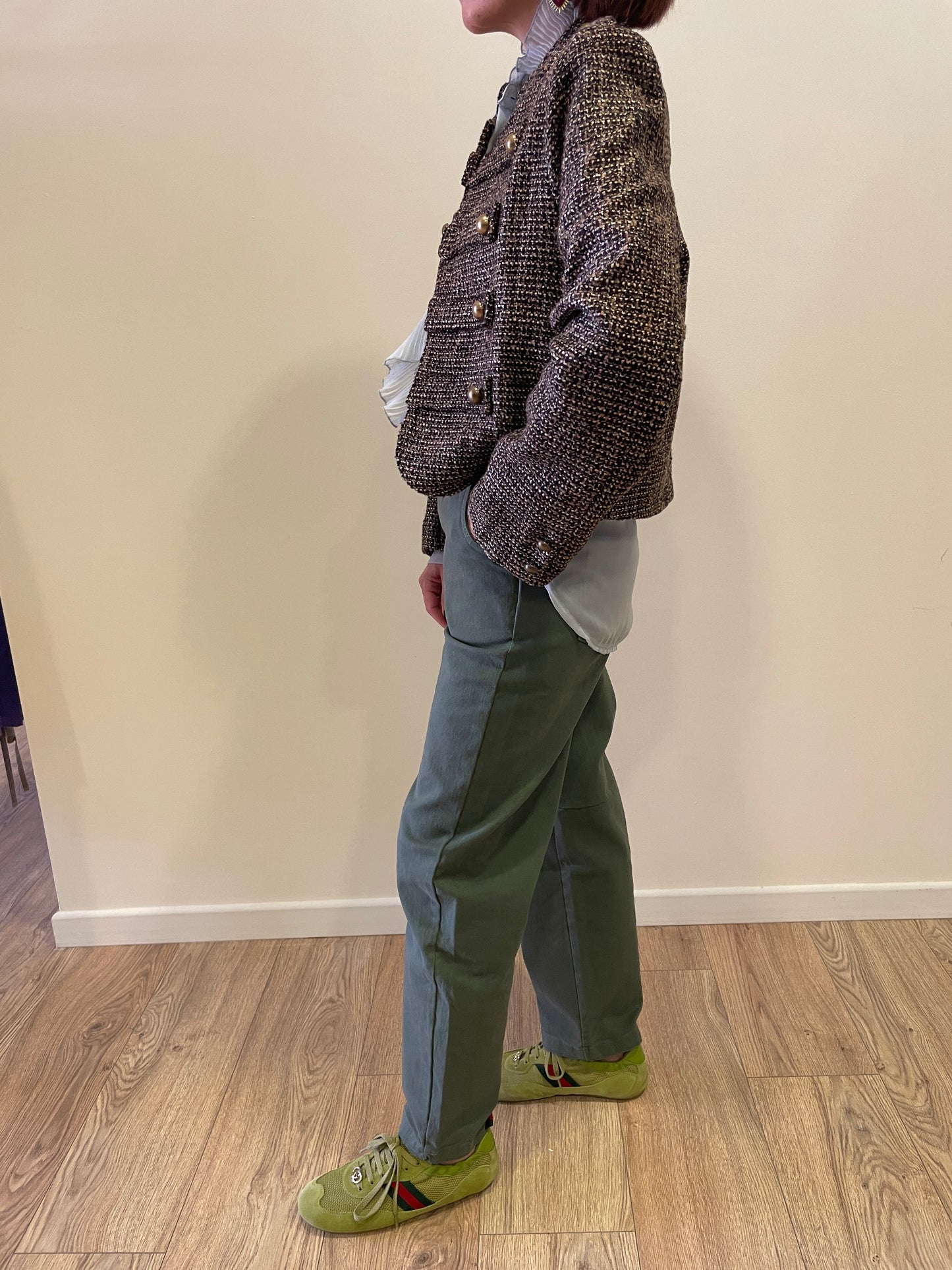KONTATTO - Giacca Napoleon in tweed con bottoni oro color moro