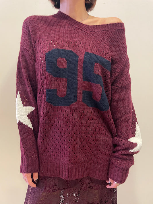 KONTATTO - Maglione scollo V a rete color bordeaux