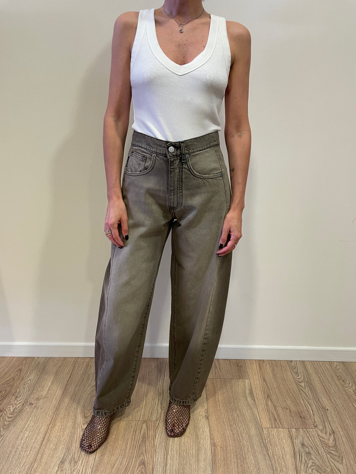 HAVEONE - Jeans Lucy barrel fit con cuciture laterali color marmorizzato taupe