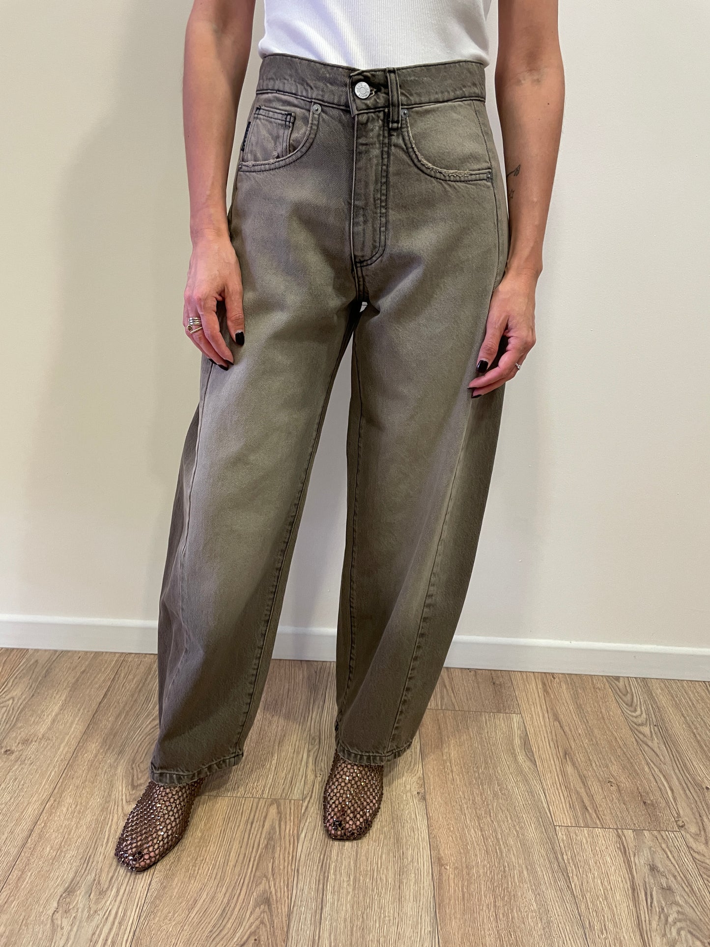 HAVEONE - Jeans Lucy barrel fit con cuciture laterali color marmorizzato taupe