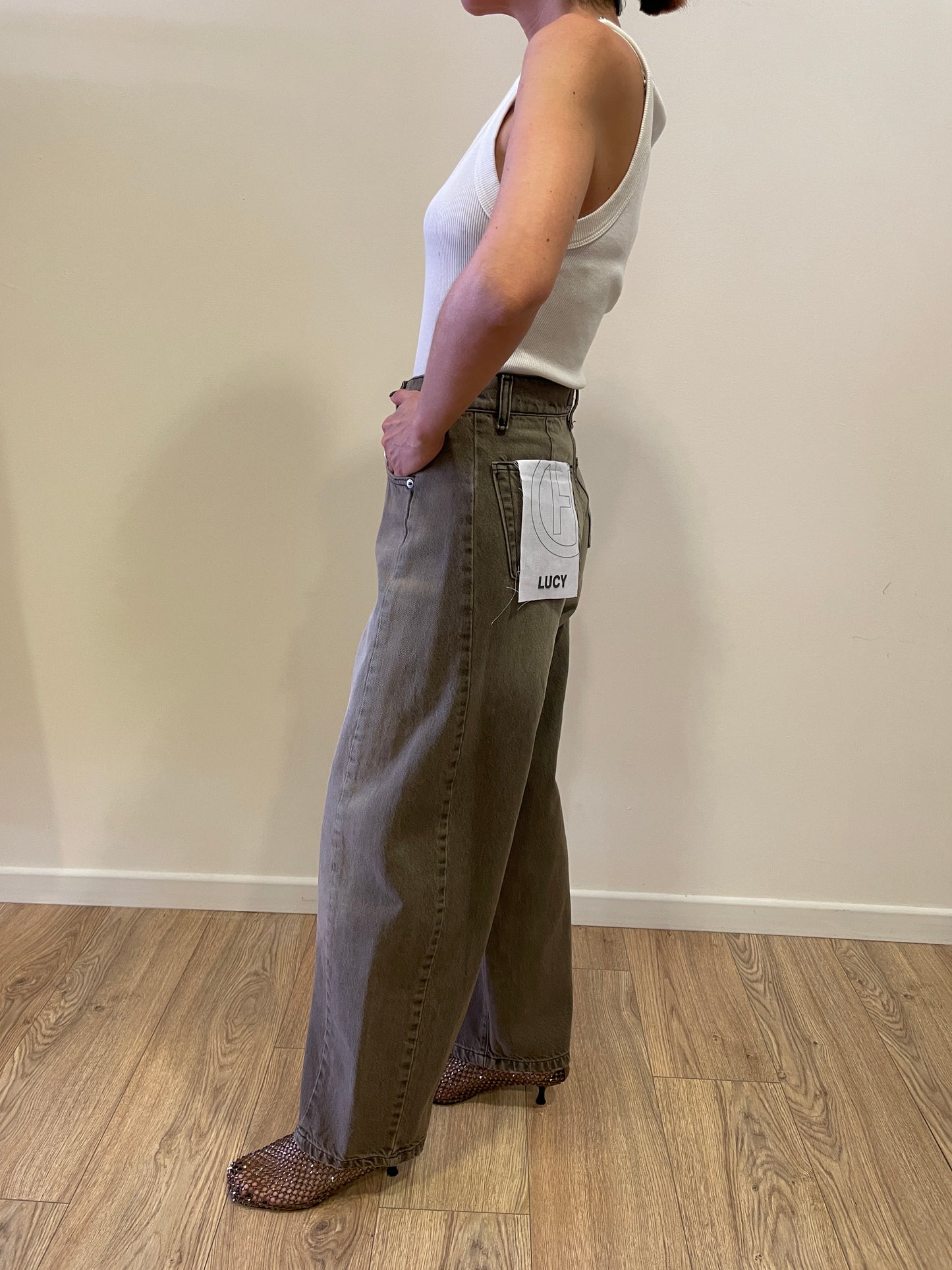 HAVEONE - Jeans Lucy barrel fit con cuciture laterali color marmorizzato taupe