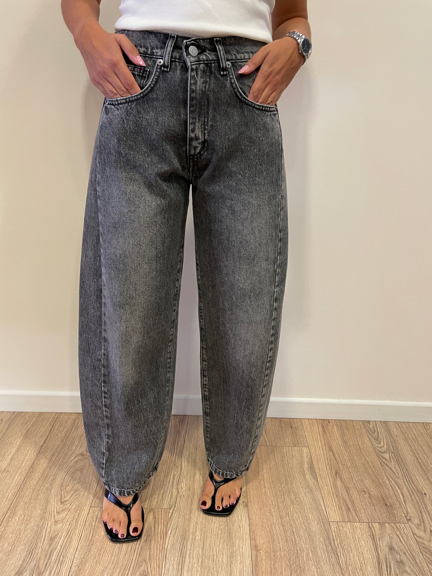 HAVEONE - Jeans Lucy barrel fit con cuciture laterali color marmorizzato nero