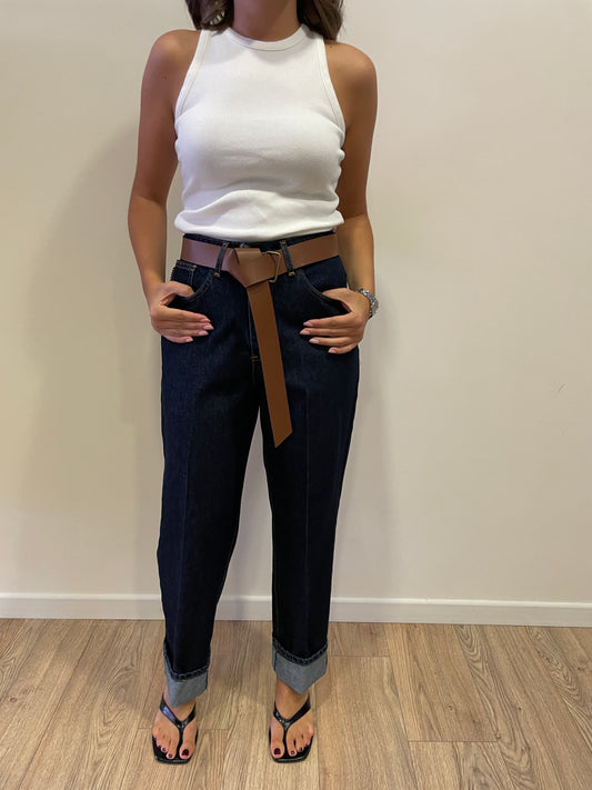 HAVEONE - Jeans Mandy a vita medio-alta elasticizzato con cintura e risvolto color denim blu scuro