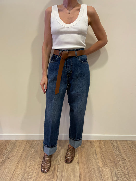 HAVEONE - Jeans Mandy a vita medio-alta elasticizzato con cintura e risvolto color denim blu chiaro