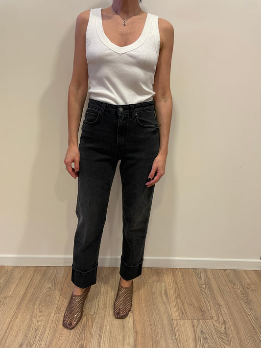 VICOLO - Jeans Maggie a vita media elasticizzato a gamba dritta con risvolto color denim nero