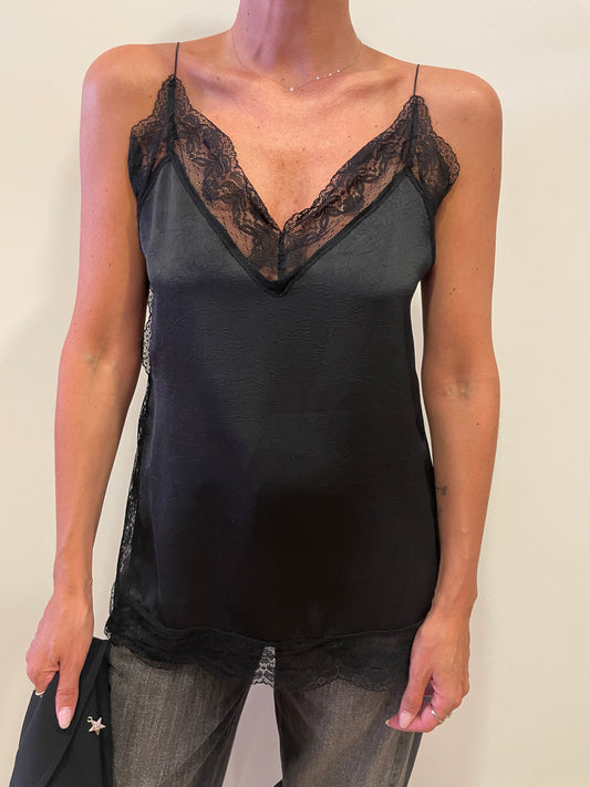SOUVENIR - Top con dettaglio in pizzo color nero con spacco laterale